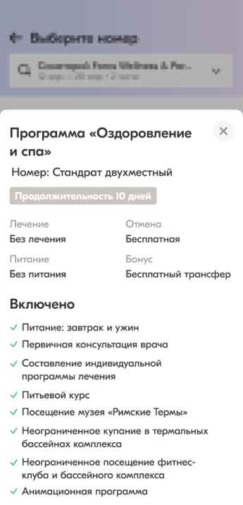 Скриншот: бронирование проживания, лечения, питания